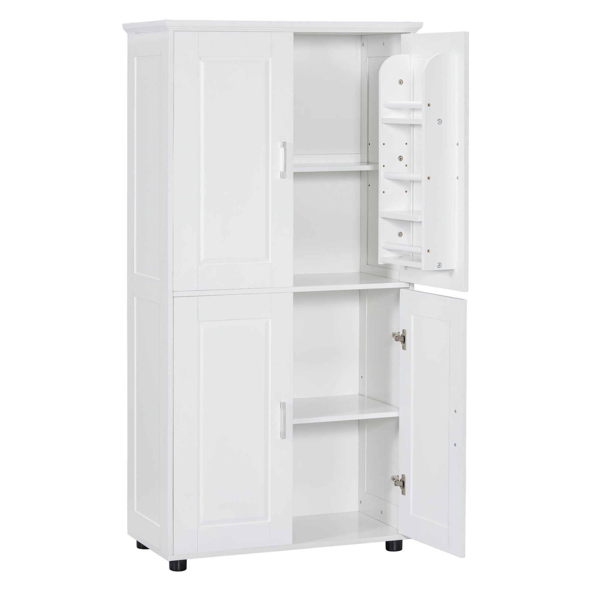 Tall And Wide Bathroom Floor Storage Cabinet With 4 Doors, Adjustable Shelves - White