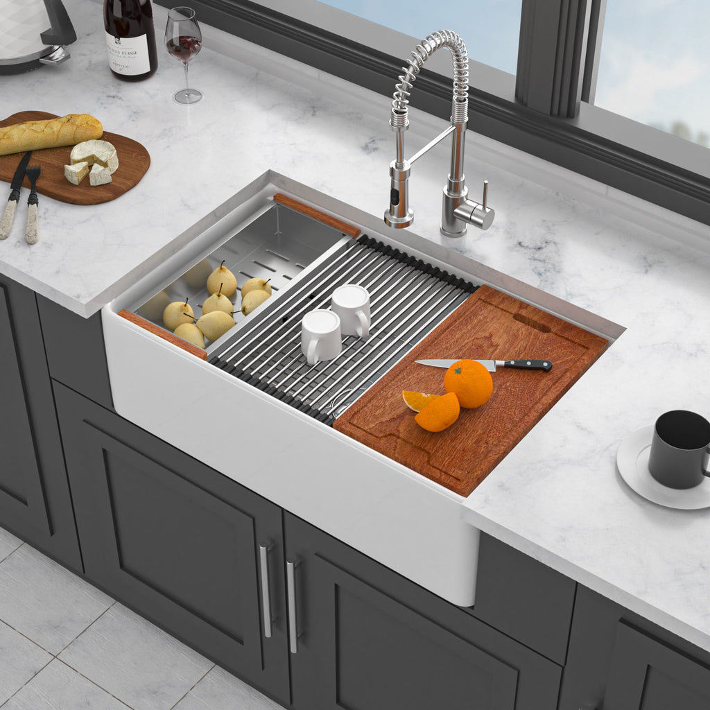 Kitchen Sink Workstation 33" Single Bowl Sink With Work Surface - White