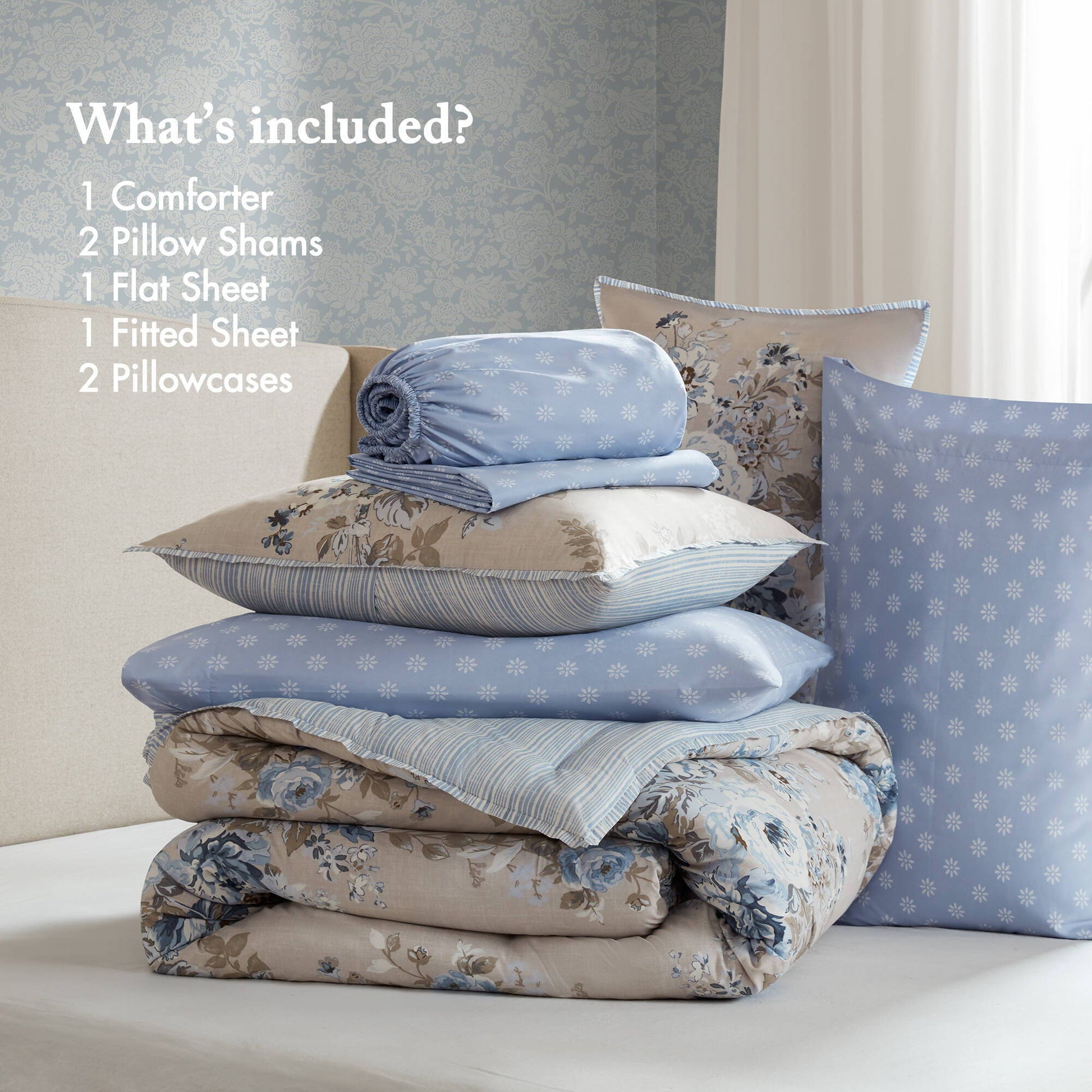 Heather - Full 7 Piece Vintage-Inspired Floral Print - Beige / Blue