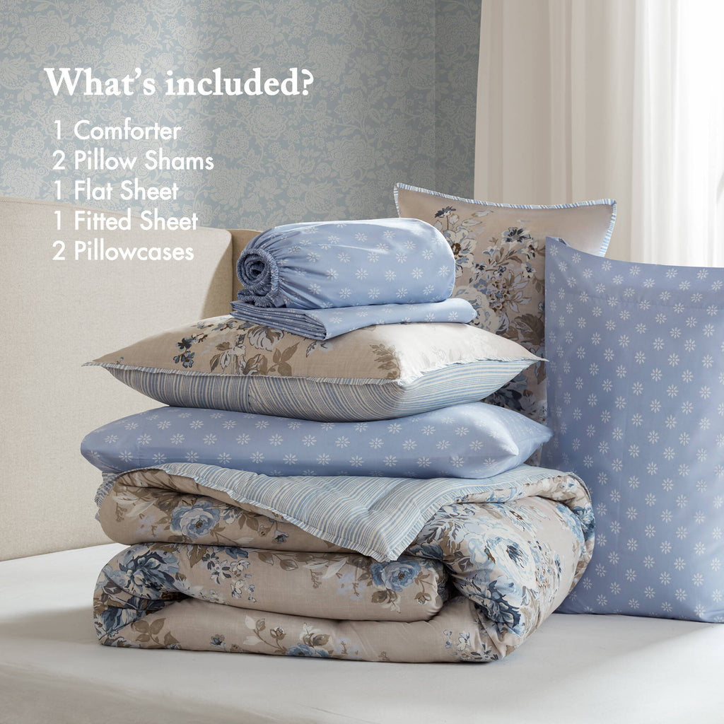 Heather - California King 7 Piece Vintage-Inspired Floral Print - Beige / Blue
