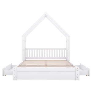 House Style Platform Bed With Guardrail And 2 Drawers