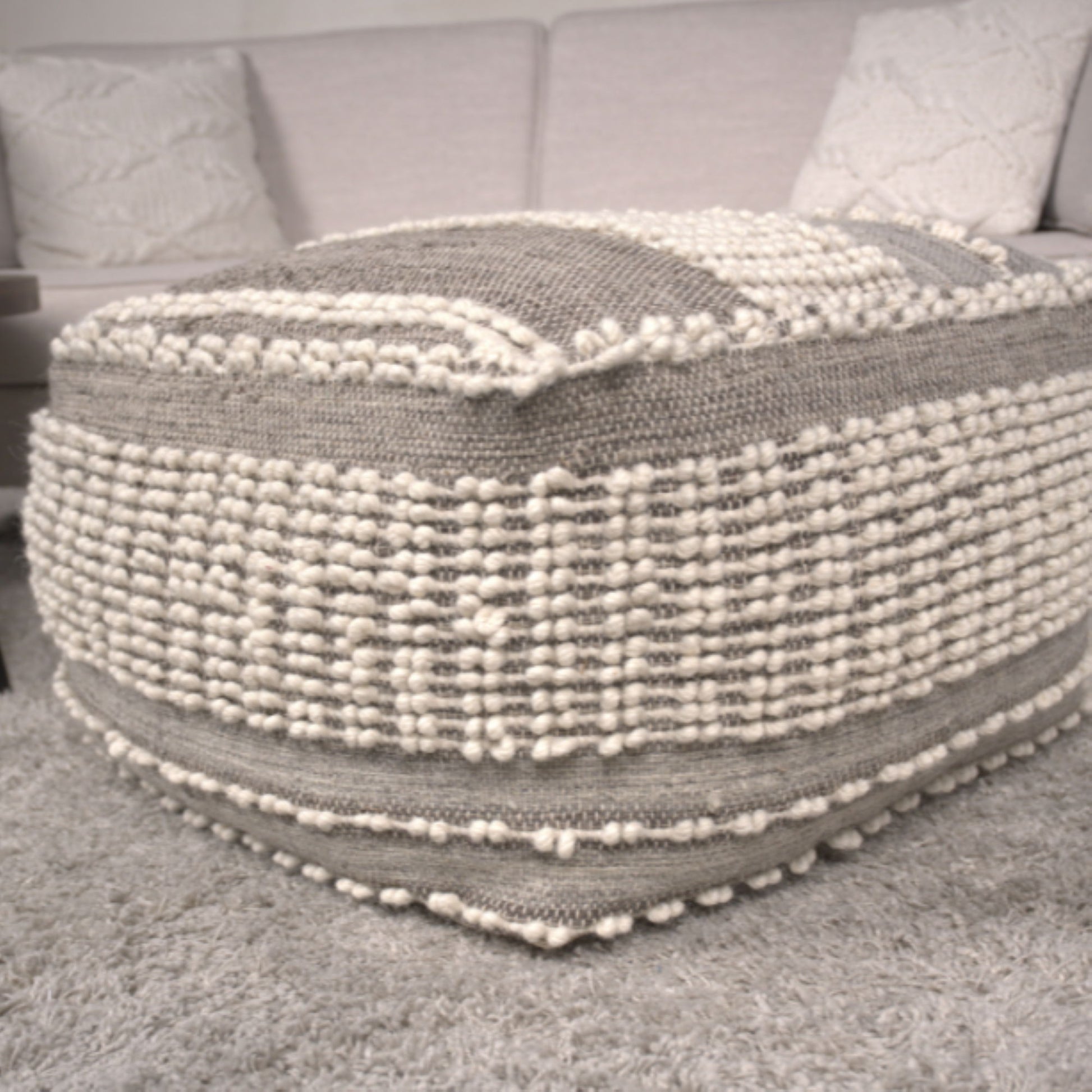 Rustic Wool And Cotton Large Pouf, Handcrafted Tufted Design - Brown / Beige