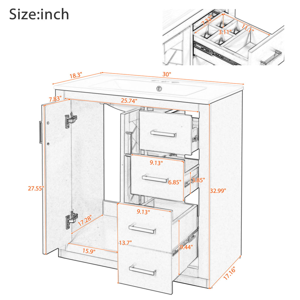 Bathroom Vanity With Sink, Storage Cabinet, Freestanding Set With 3 Drawers & Soft Closing Doors