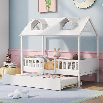 Gewnee - Twin Kids House Bed With Trundle - White