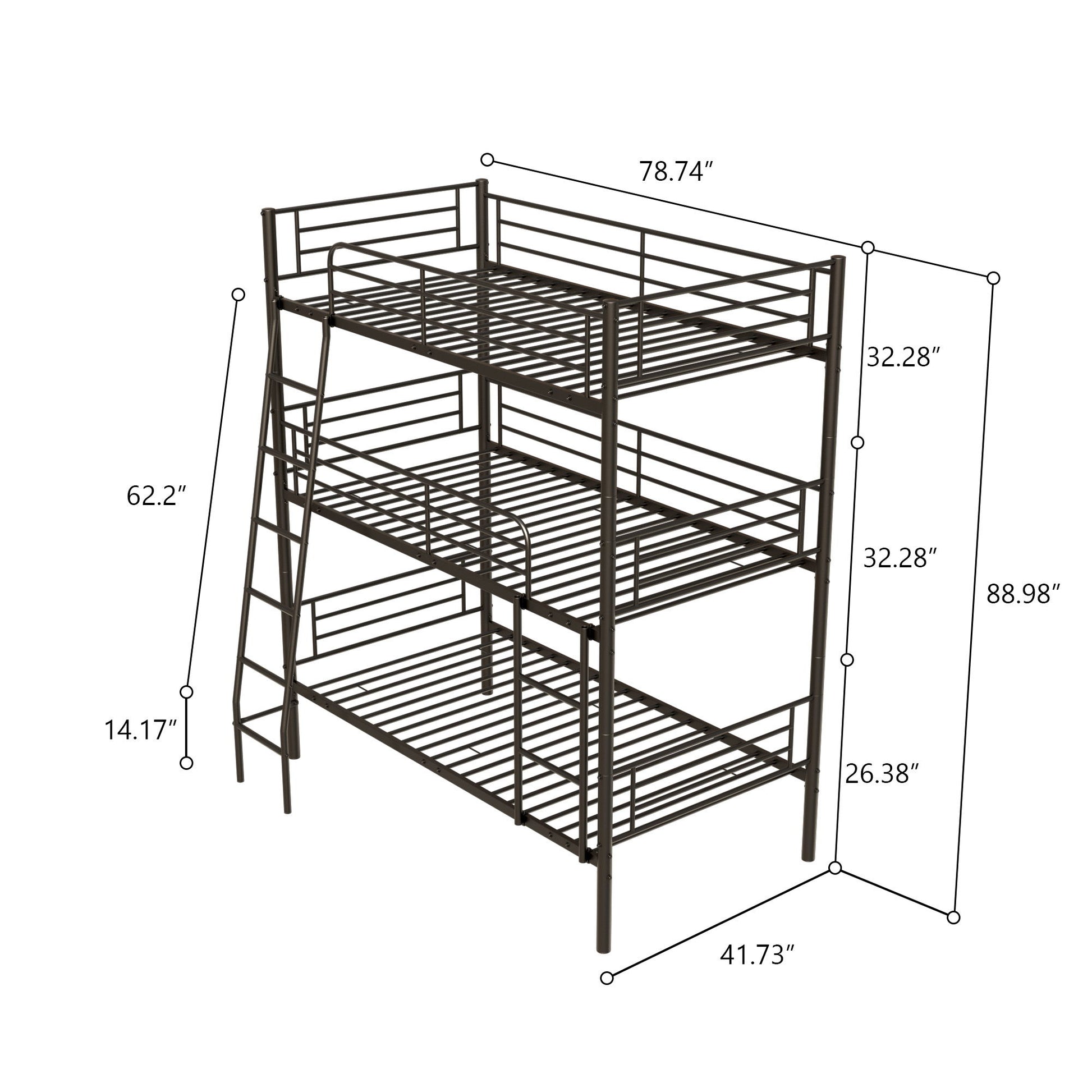 Twin Size Metal Triple Bunk Bed For Bedroom And Dormitory, Convertible Into 3 Separate Beds - Black