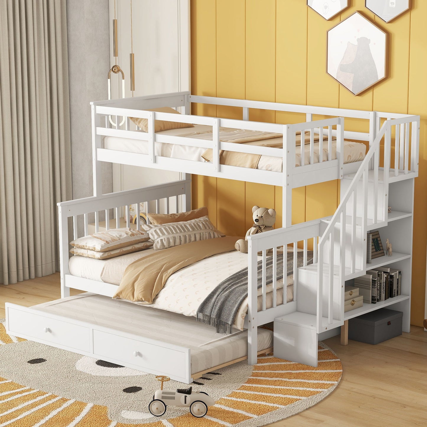 Twin Over Full Bunk Bed With Twin Size Trundle, Storage And Guard Rail For Bedroom, Dorm, For Adults - White