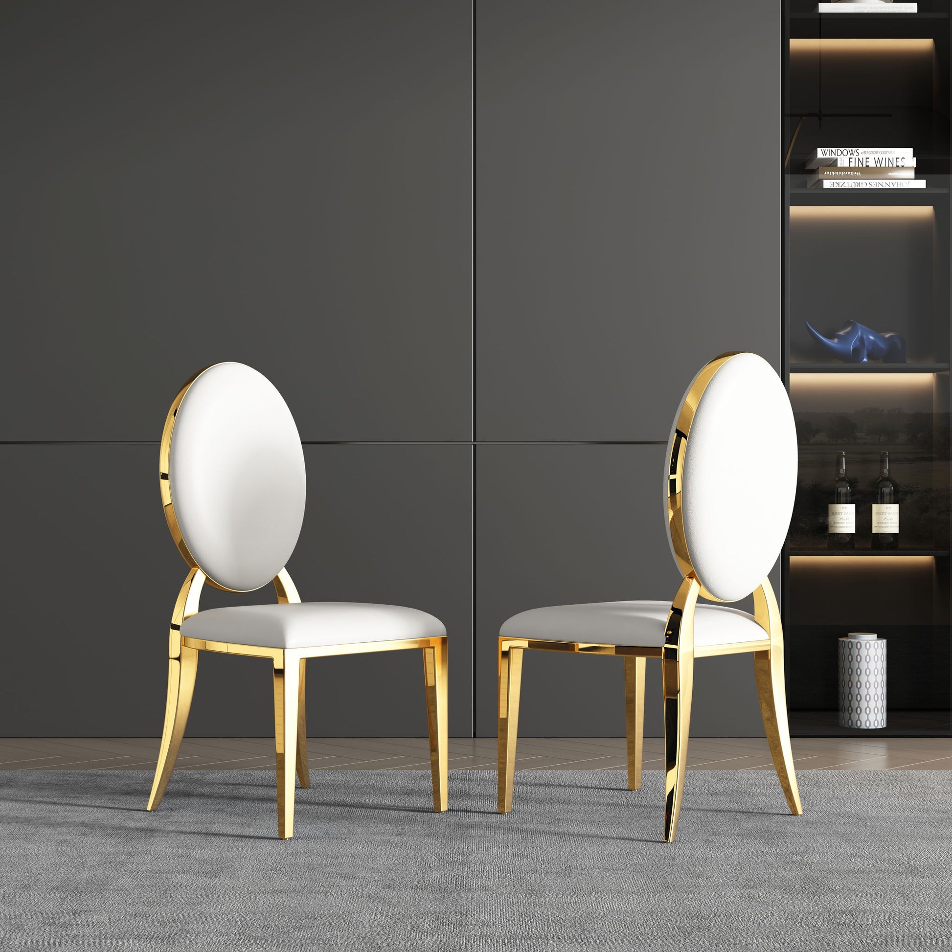 Dining Chair (Set of 2), Oval Backrest Design And Stainless Steel Legs - White