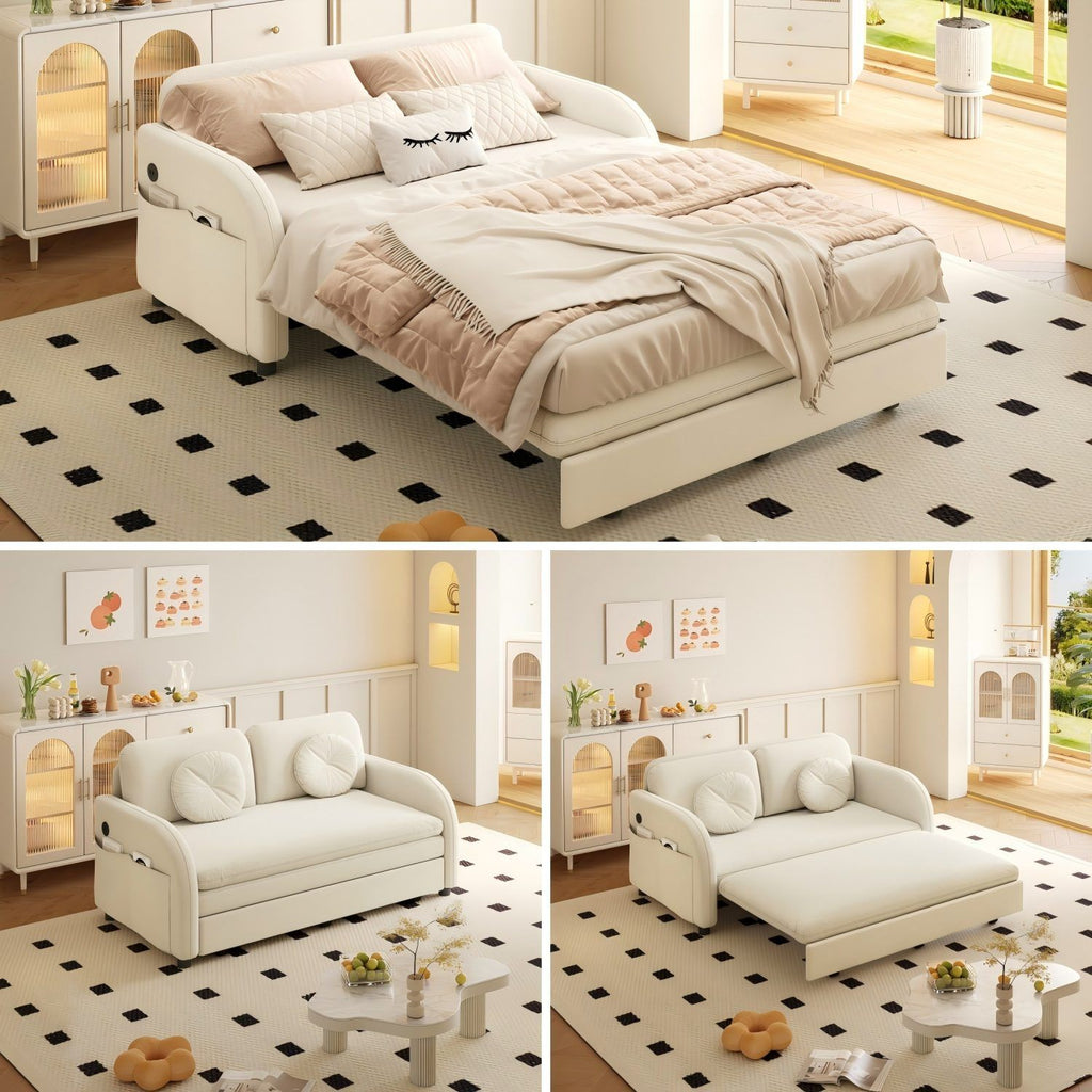 Upholstered Pull Out Couch With Side Pocket & USB Port