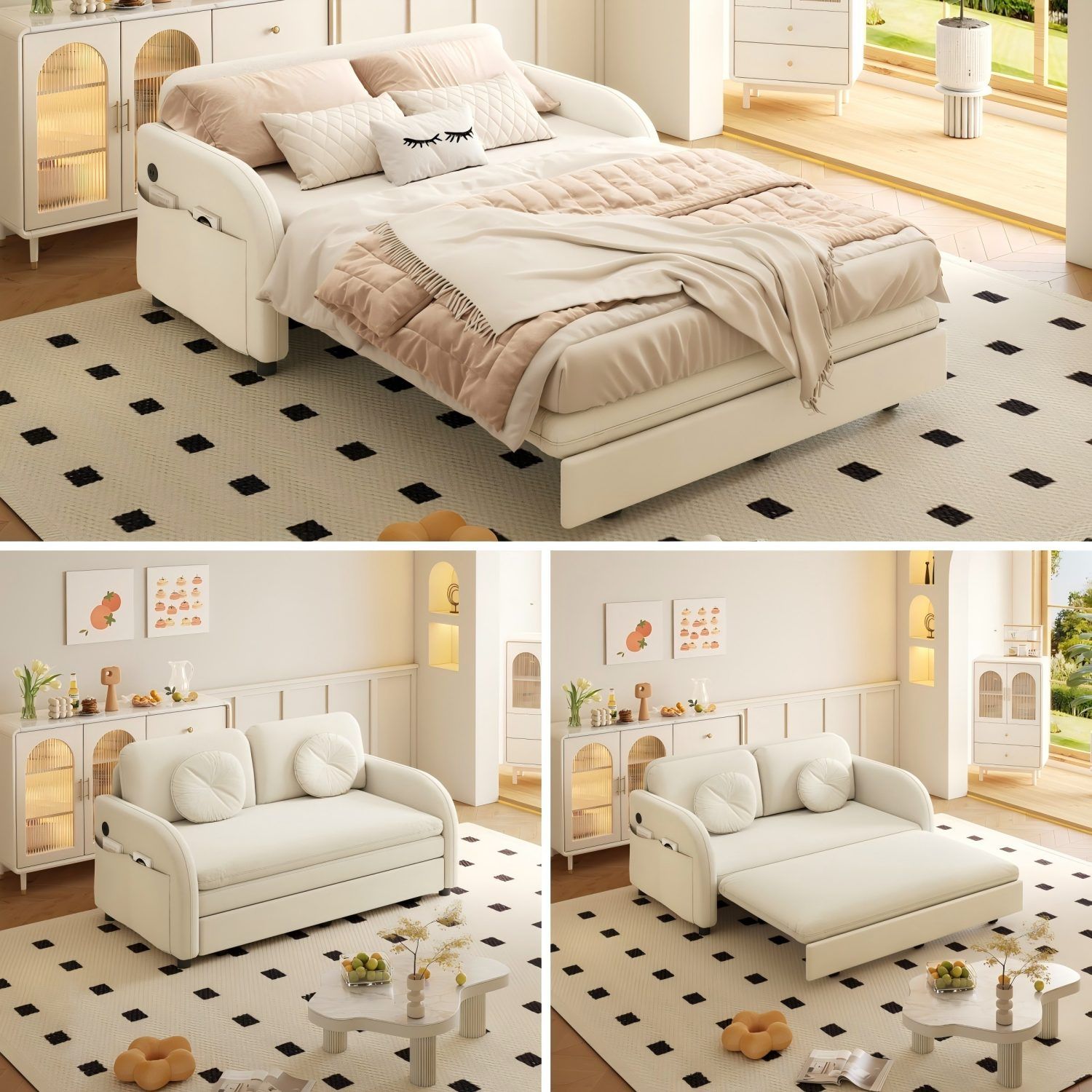 Upholstered Pull Out Couch With Side Pocket & USB Port