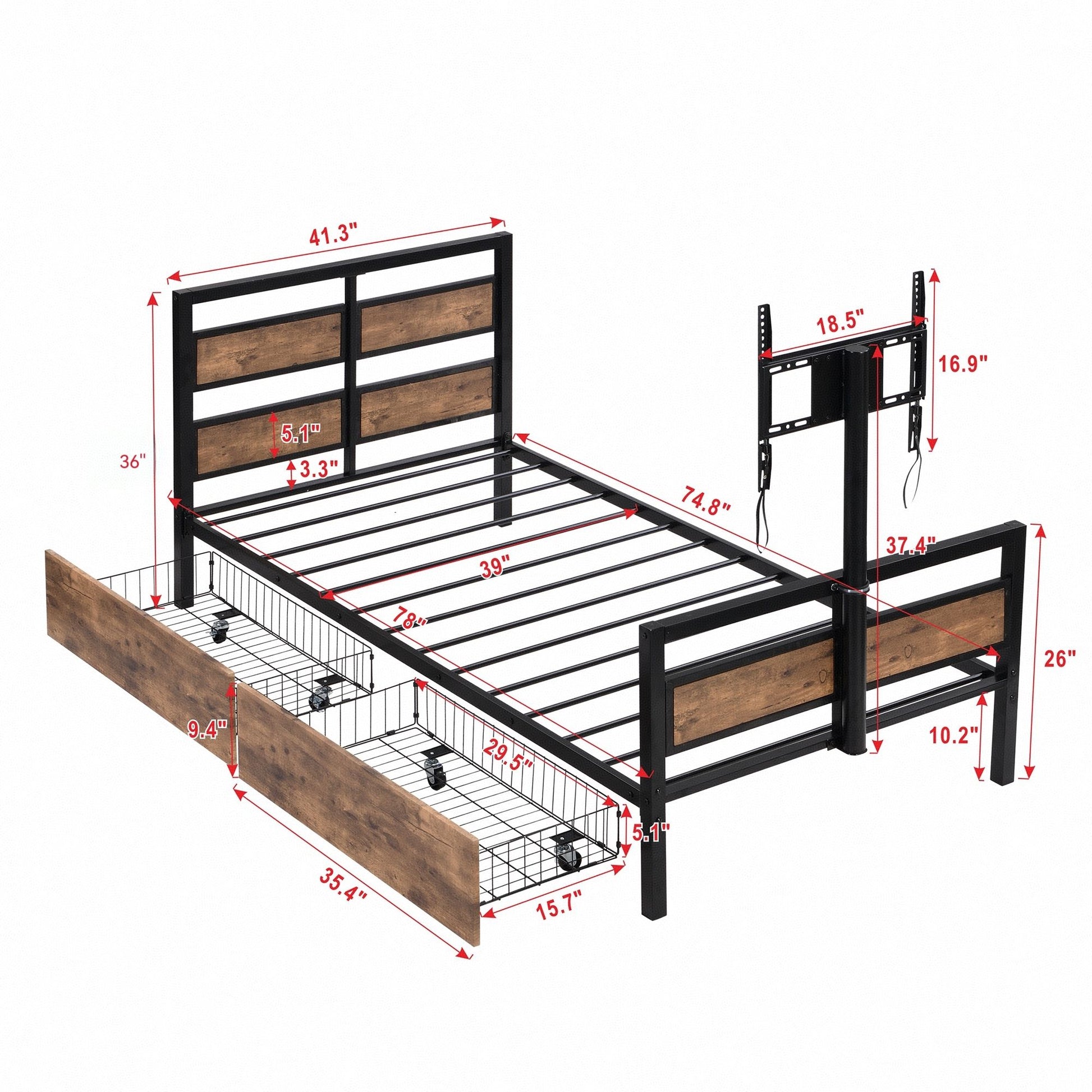Twin Size Platform Bed With Headboard And Footboard, 2 Storage Drawers And Rotatable TV Stand - Black