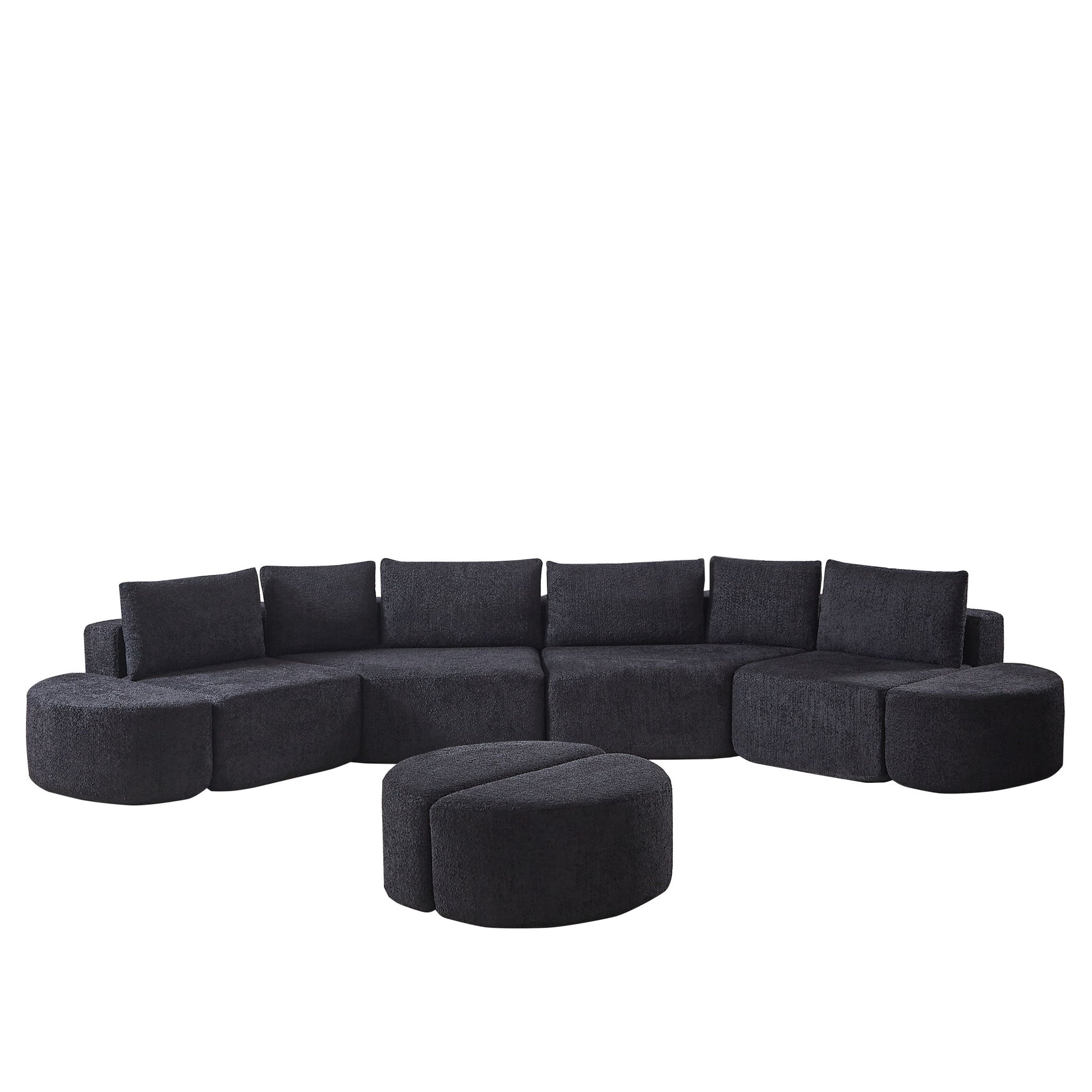 Modular Sectional Sofa With 6 Pillows And 4 Curved Footstools For Living Rooms - Black