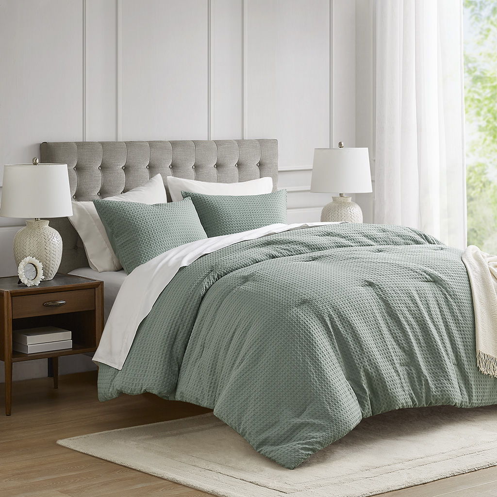 Mina - Full/Queen Waffle Weave Textured Comforter Set - Sage Green