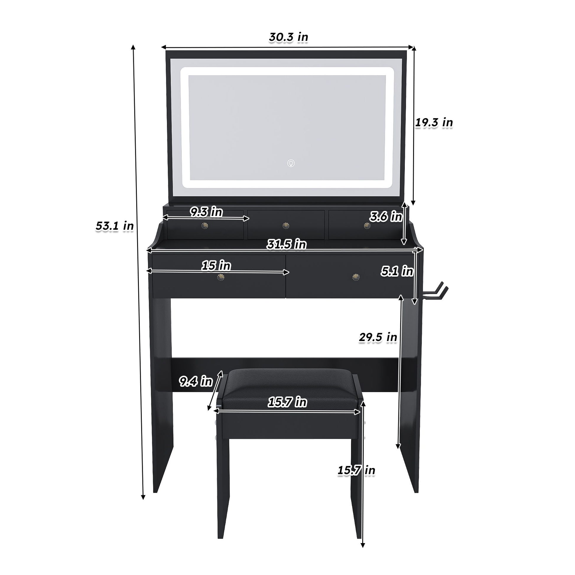 Modern Makeup Vanity Set With Power Outlet, Hair Dryer Holder, And Adjustable Lighting