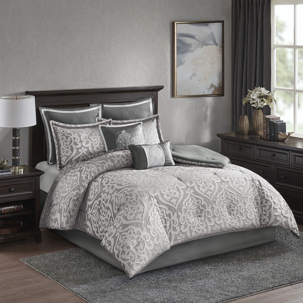 Odette - California King 8 Piece Comforter Set - Silver