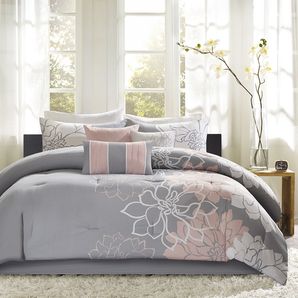 Lola - California King Comforter Set - Gray / Blush
