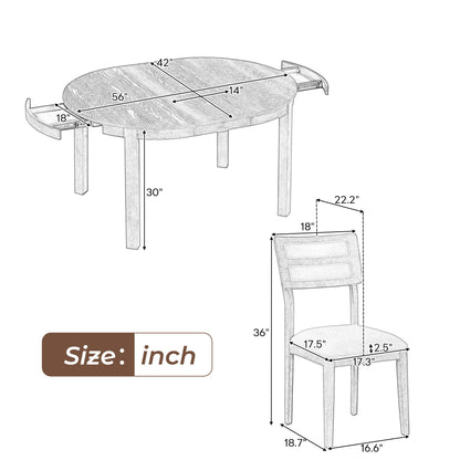 Multifunctional Dining Table Set, Farmhouse Dining Set With Extendable Round Table, Two Small Drawers And 4 Upholstered Dining Chairs For Kitchen And Dining Room