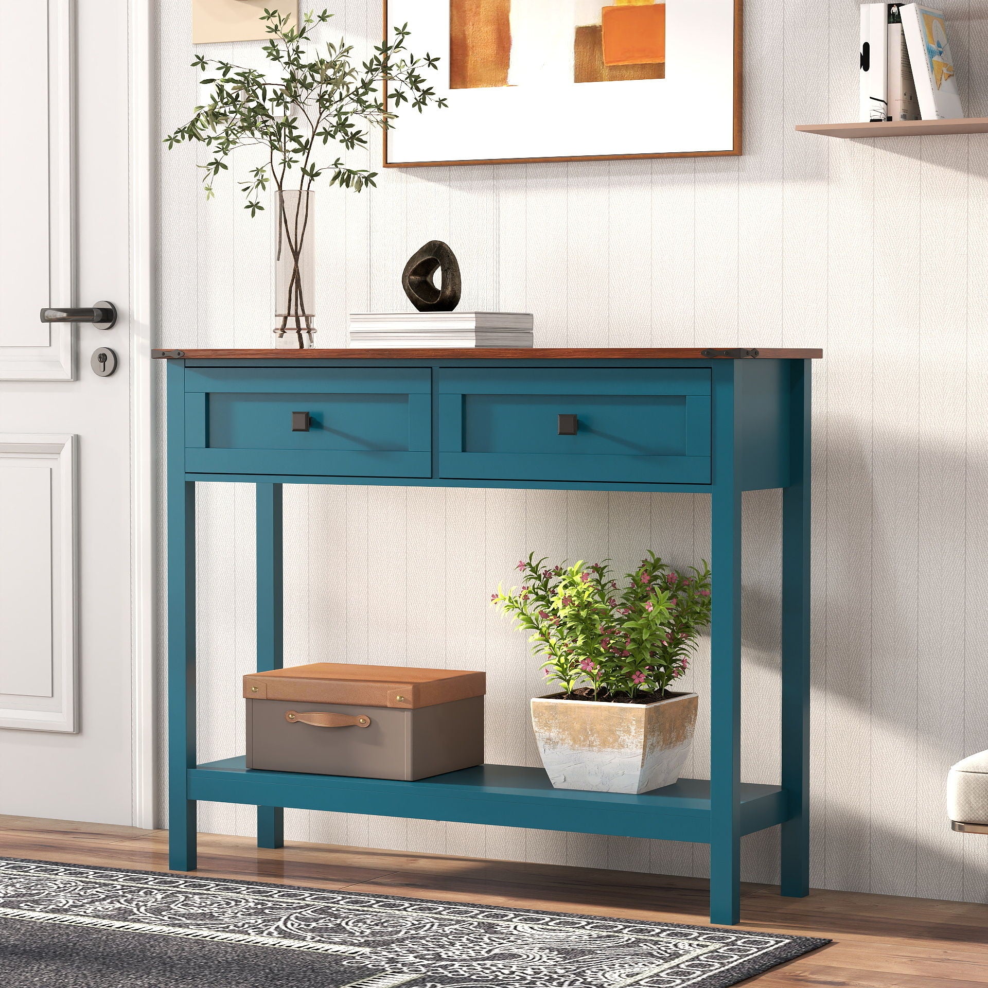 Farmhouse Style Console Table With 2 Drawers And Bottom Storage Shelf