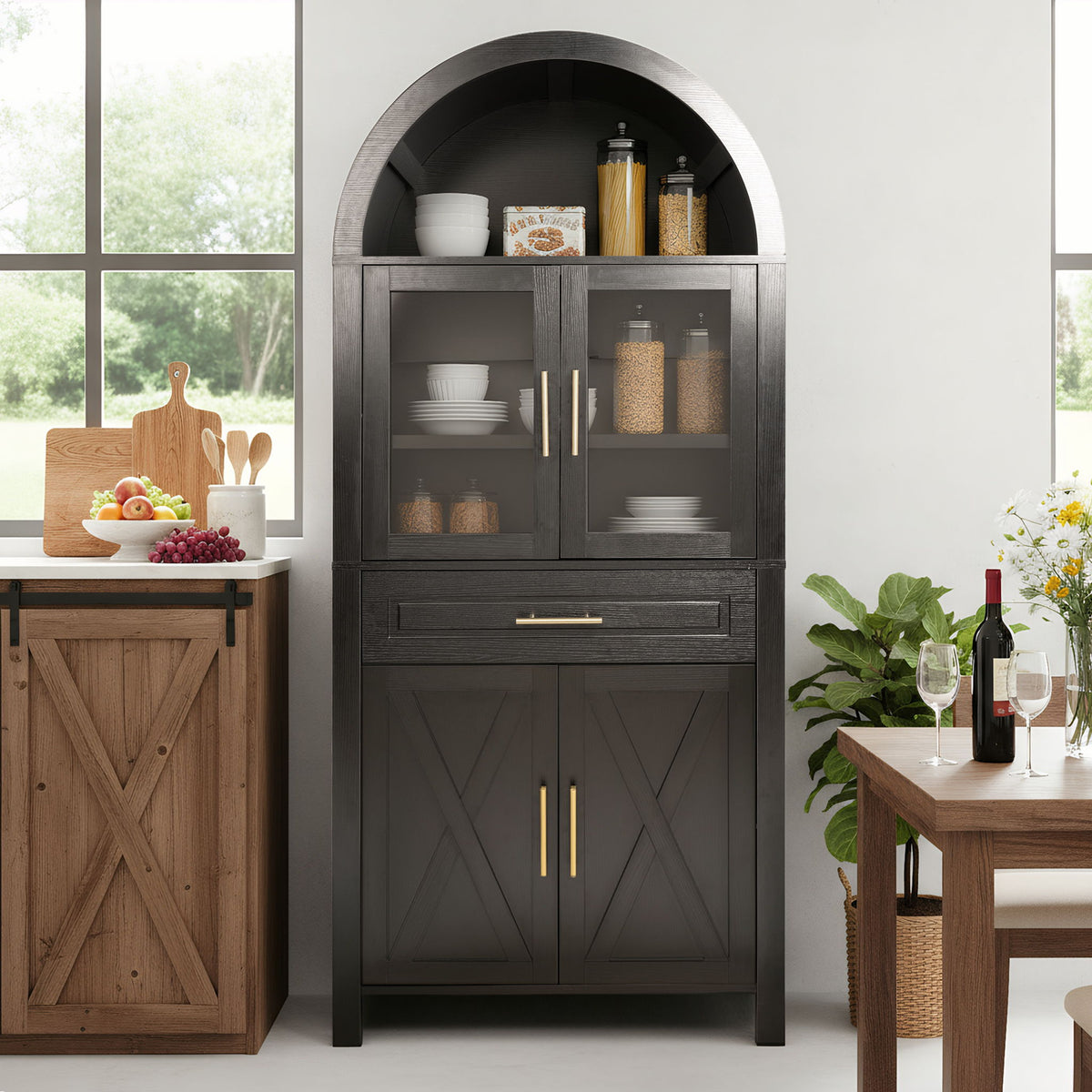 Arched Kitchen Pantry Cabinet With Glass Door, Storage Cabinet With Adjustable Shelves & Barn Door - Black
