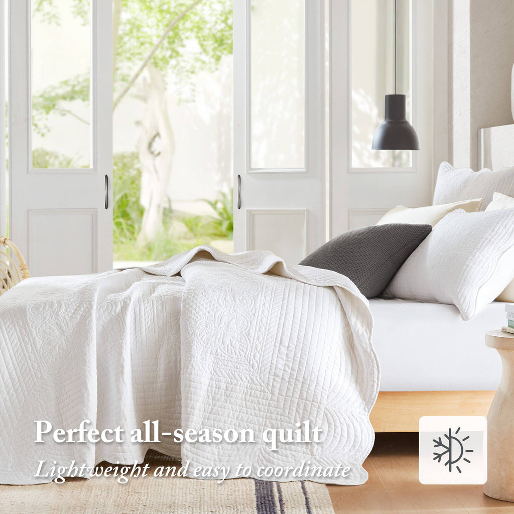 Tuscany - King 3 Piece Reversible Scalloped Edge Coverlet Set - White