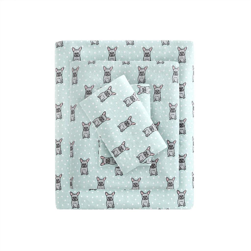 Cozy Flannel - Twin Long Printed Sheet Set - Aqua French Bulldog