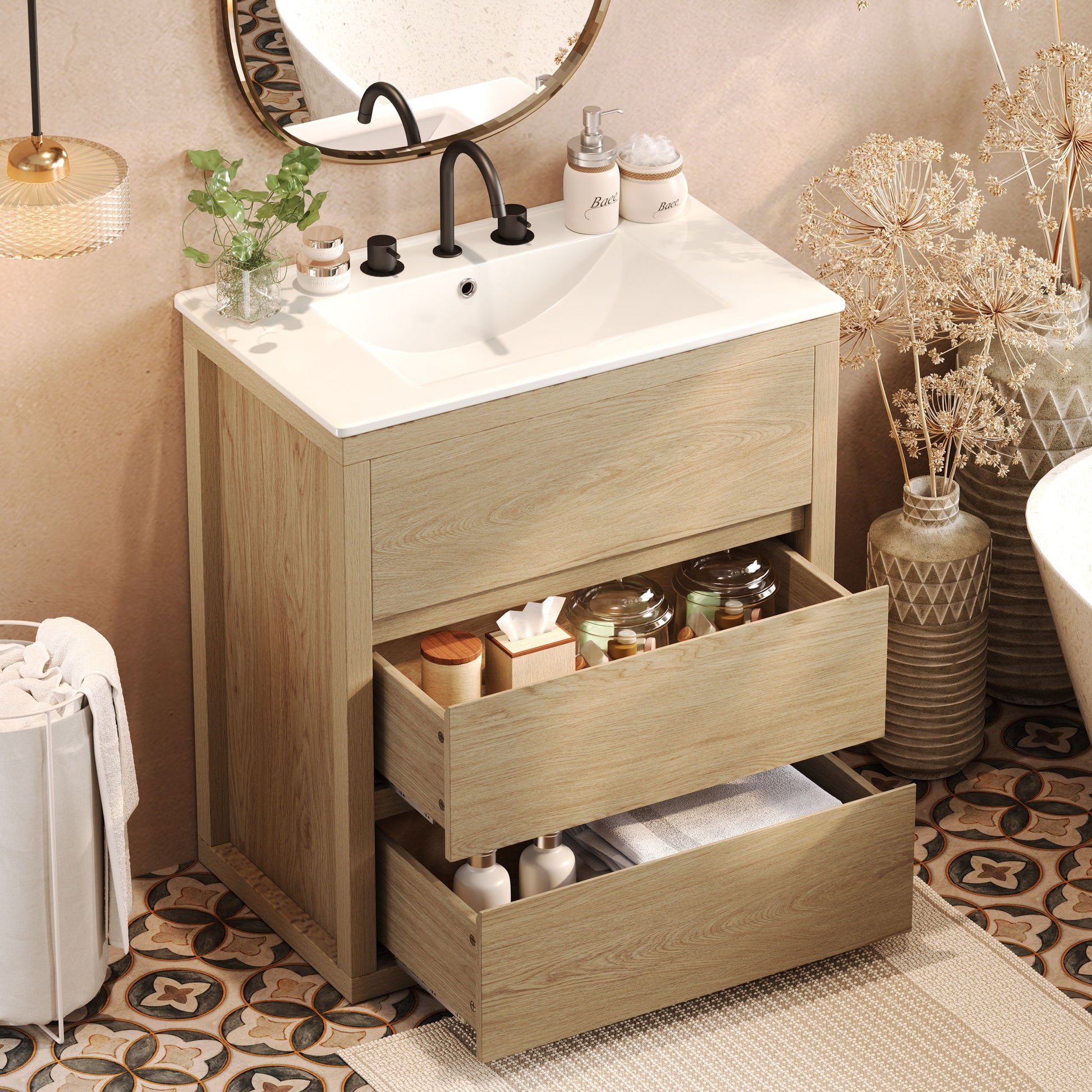 Freestanding Bathroom Vanity With Ceramic Sink, 2 Full Extension Drawers