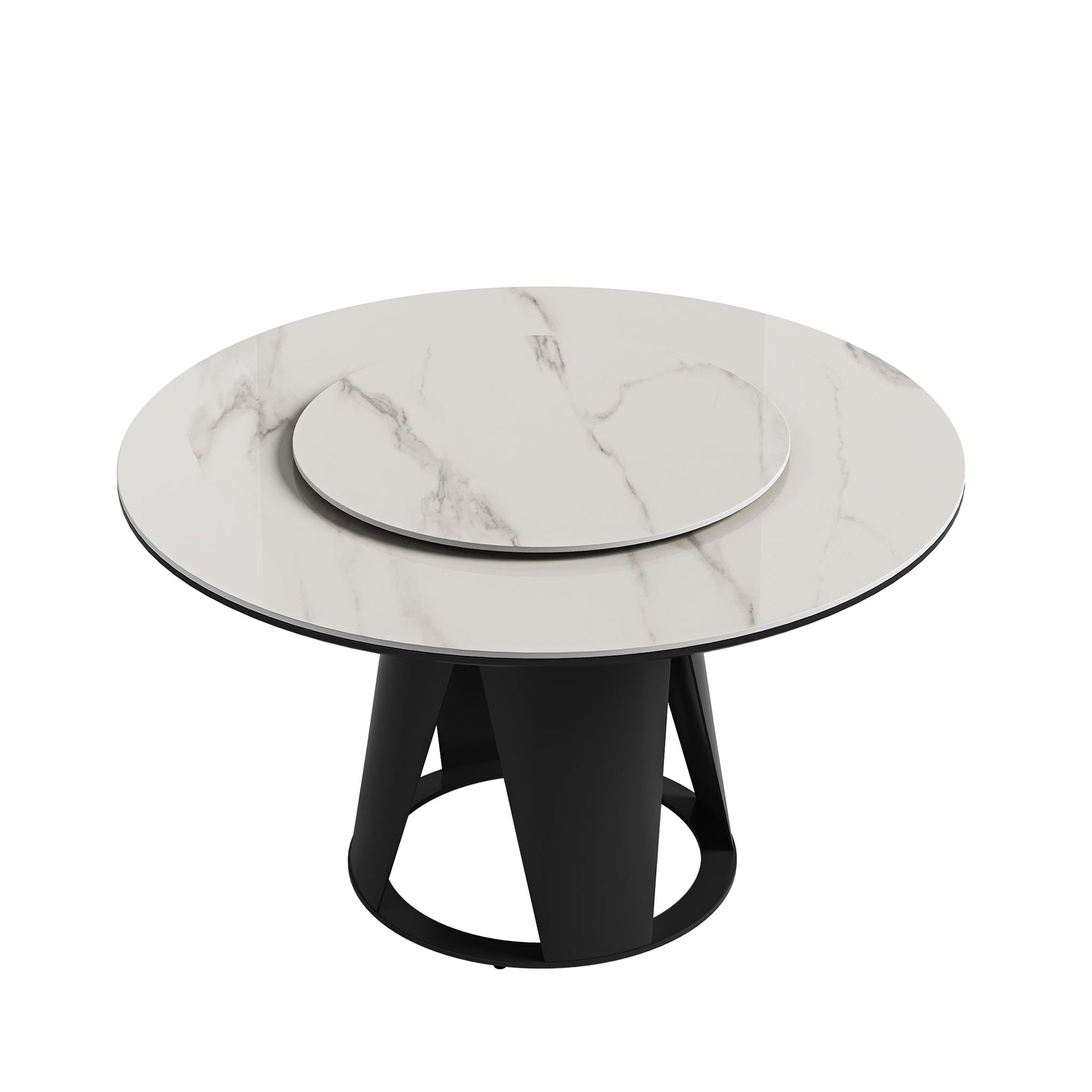 Modern Sintered Stone Dining Table With Round Turntable And Metal Pedestal - White