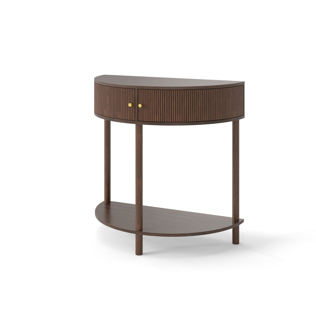 Artisan Crafted Wave Pattern Demi Lune Console Table With Brown Woodgrain, Unique Half Moon Design End Table With 2 Storage Drawers And Bottom Shelf For Living Room, Bedroom, Study, Hallway - Brown