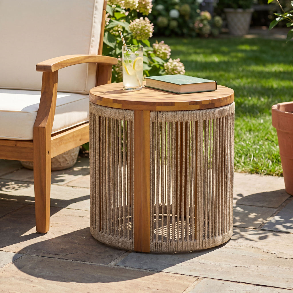 Round Side Table With Rope Detail For Patio - Brown / Teak