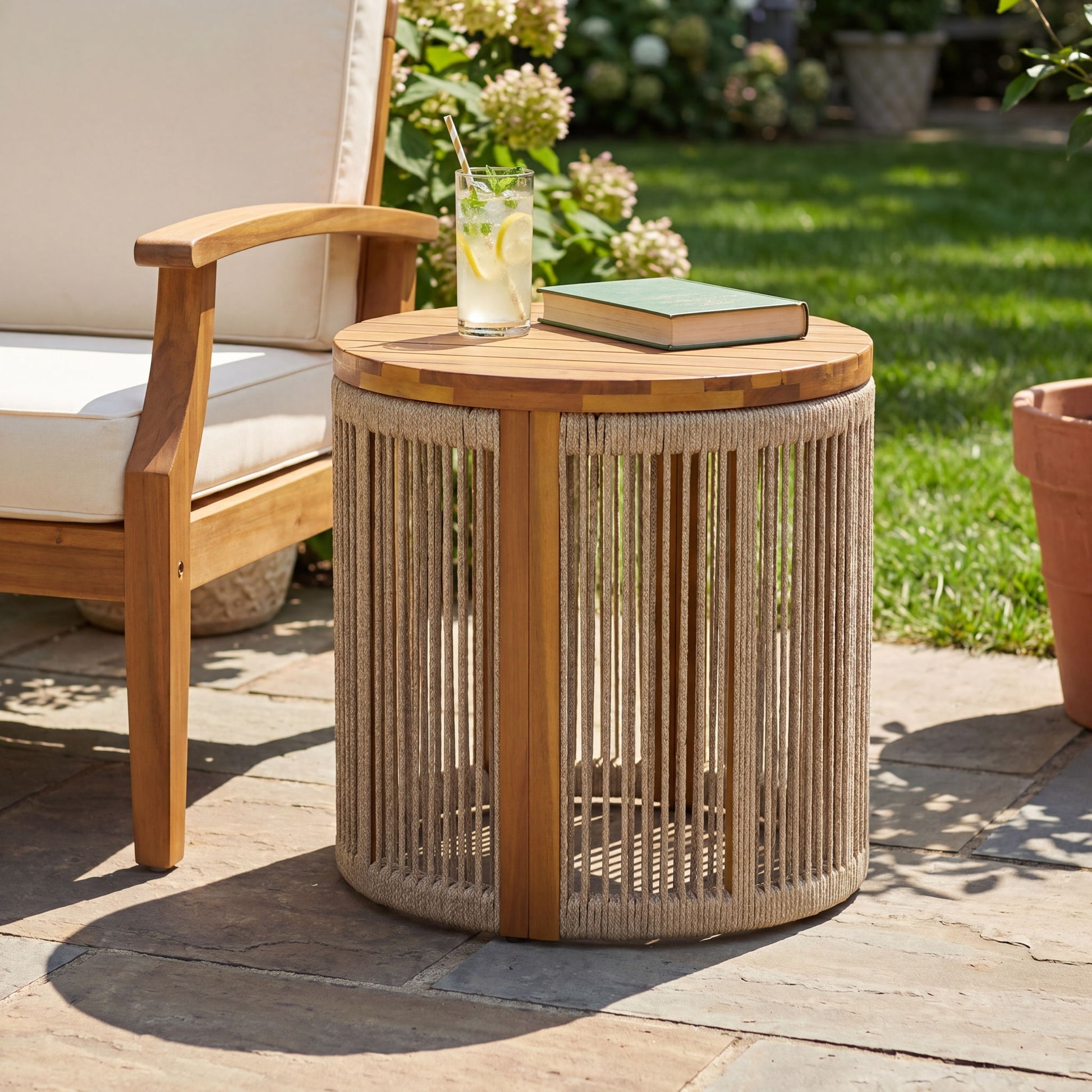 Round Side Table With Rope Detail For Patio - Brown / Teak