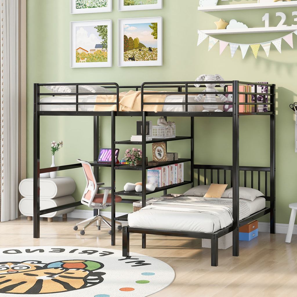 Full Over Twin Bunk Bed With Built In Desk, Shelves And Ladder - Black