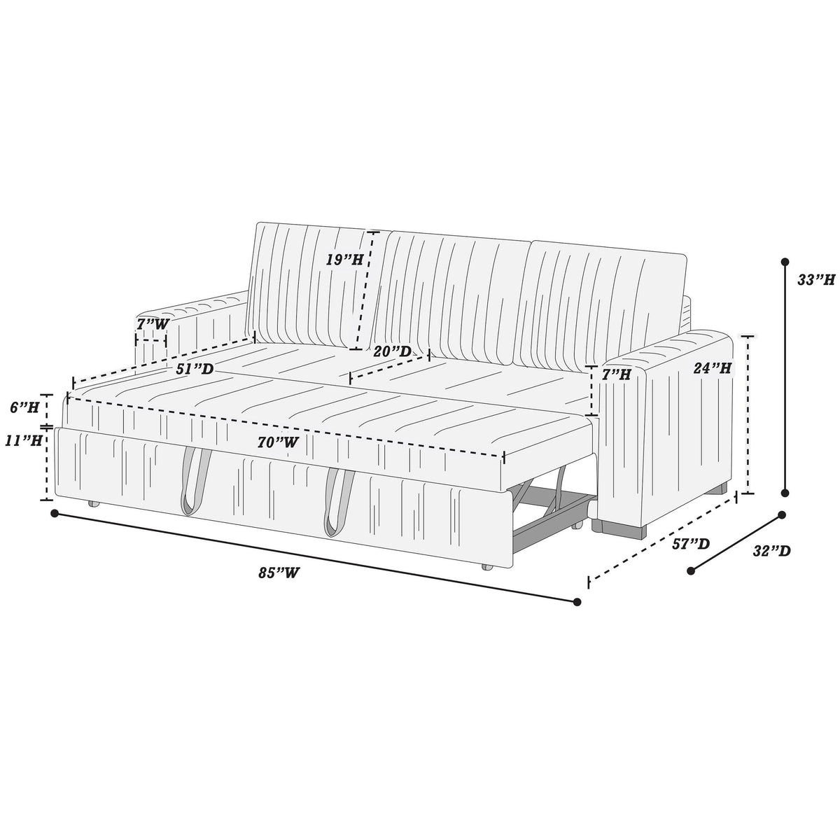 Convertible Sleeper Sofa With Pull Out Bed, Upholstery, Square Arms - Dark Gray