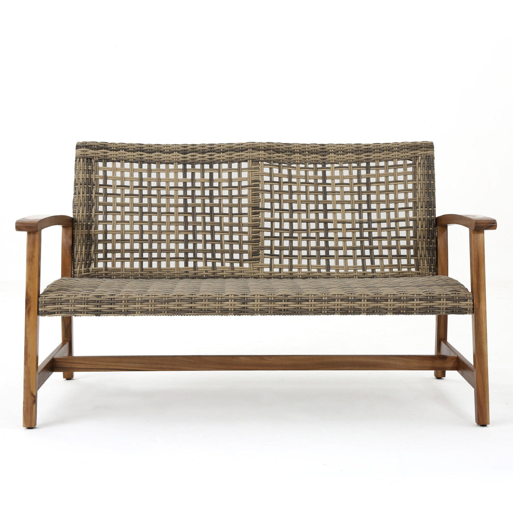 Outdoor Rattan Loveseat With Wooden Legs - Brown