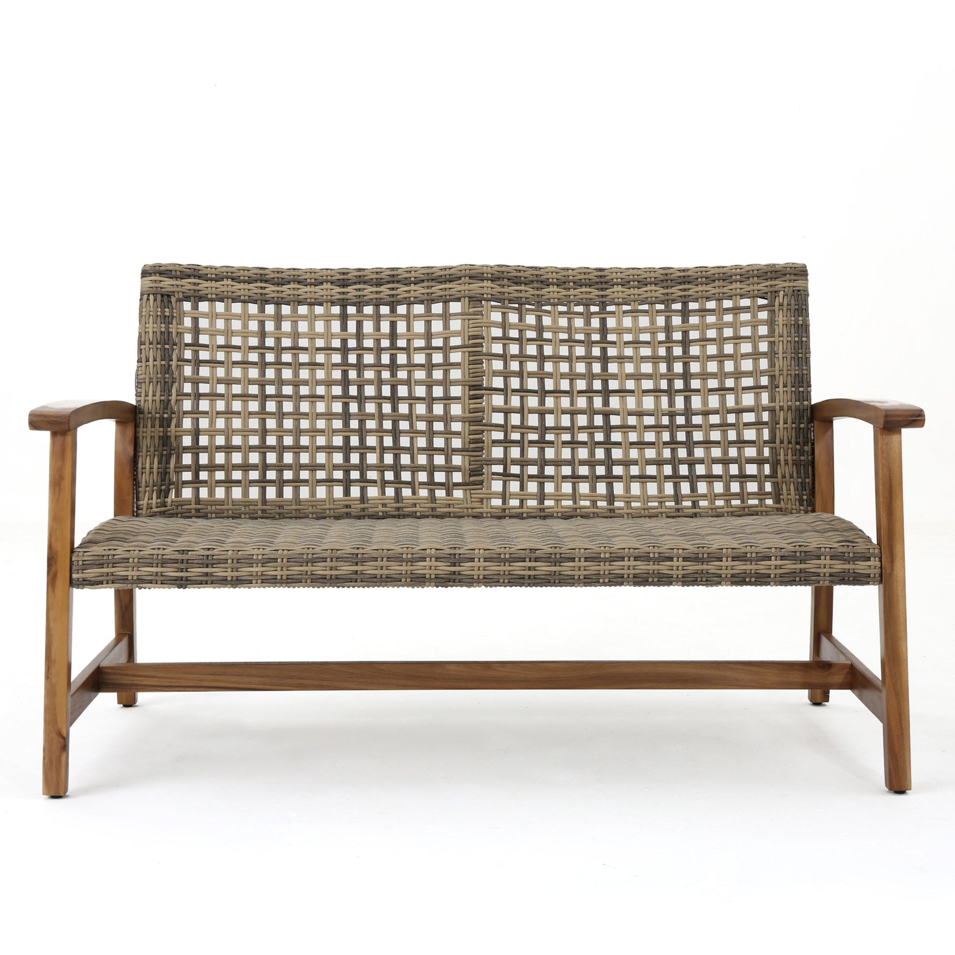 Outdoor Rattan Loveseat With Wooden Legs - Brown