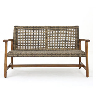 Outdoor Rattan Loveseat With Wooden Legs - Brown