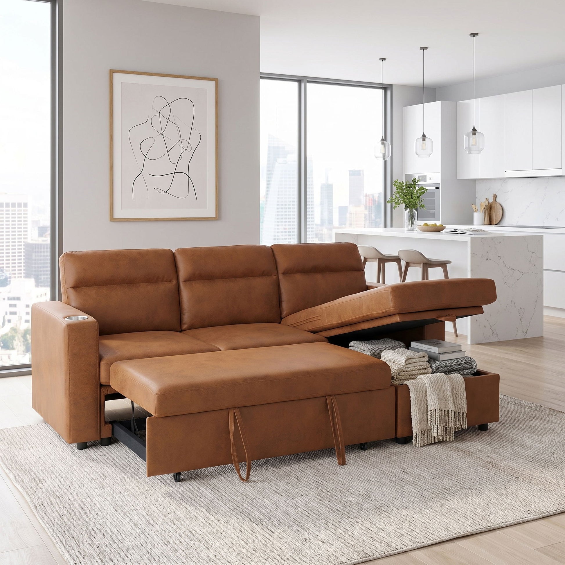 Convertible L - Shaped Sectional Sofa Bed With Storage Chaise, Cup Holders