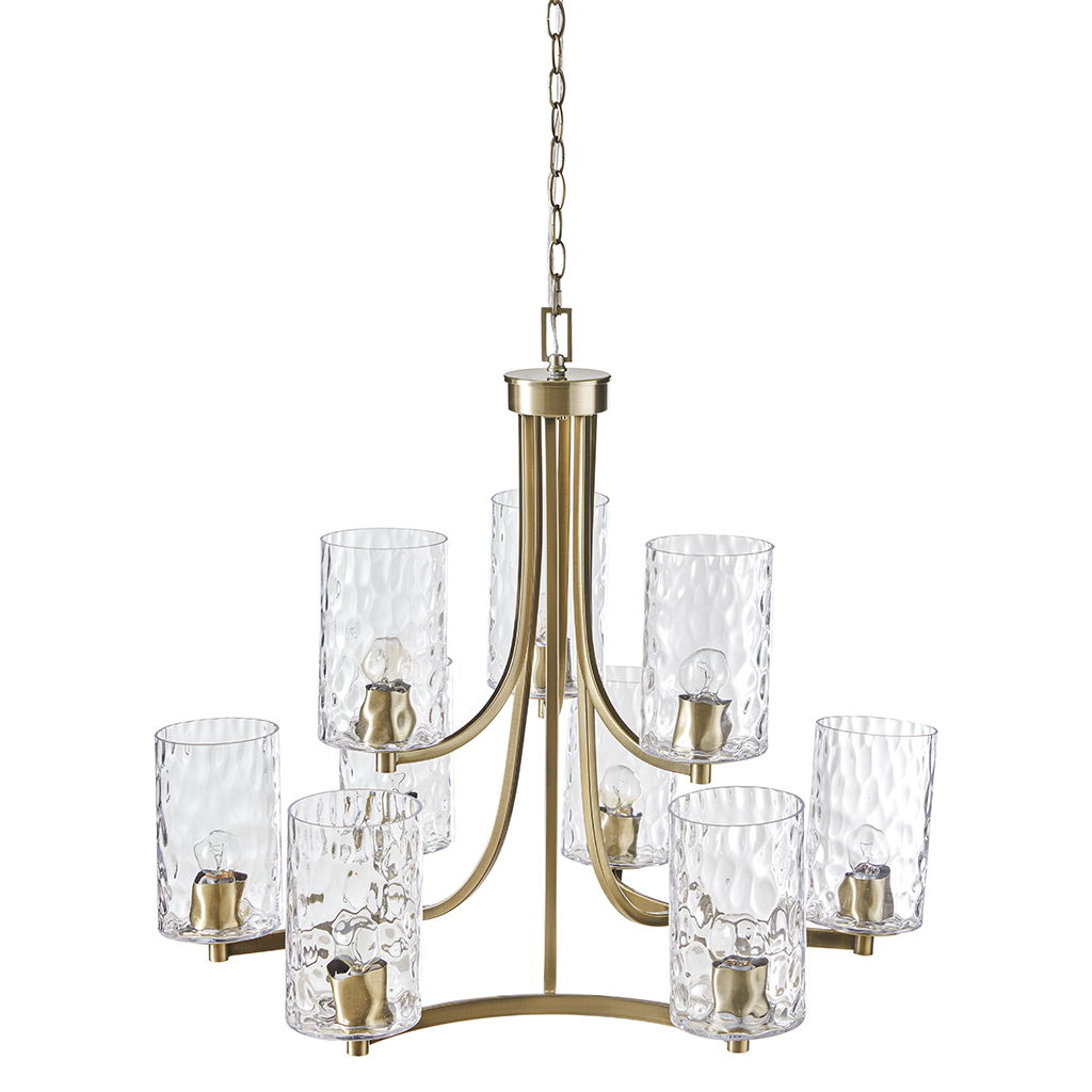 Opulentia - 9-Light Round Tiered Chandelier With Textured Glass Shades - Antique Brass