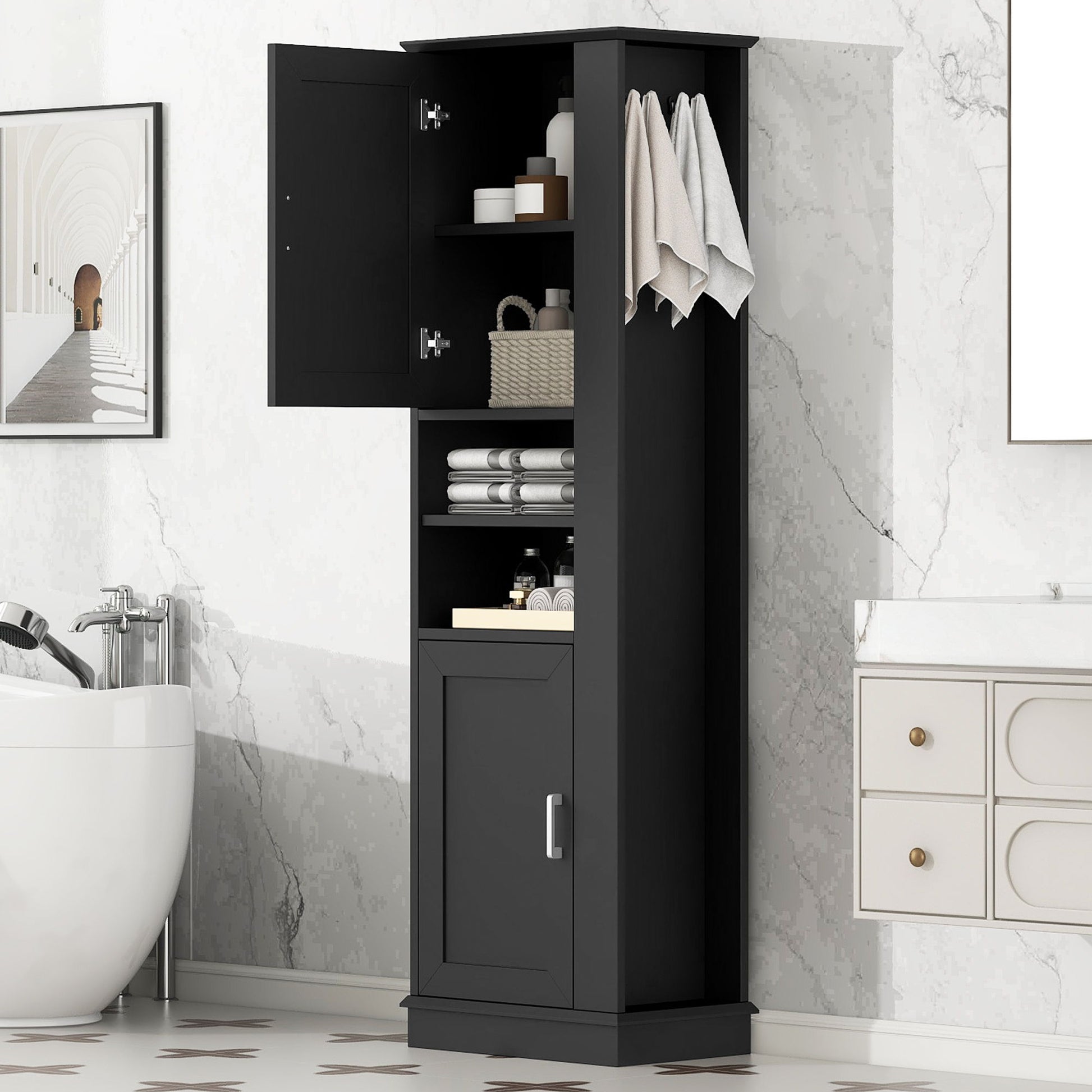 Tall Freestanding Bathroom Storage Cabinet With Adjustable Shelves And Side Hooks Board, Rectangle Design
