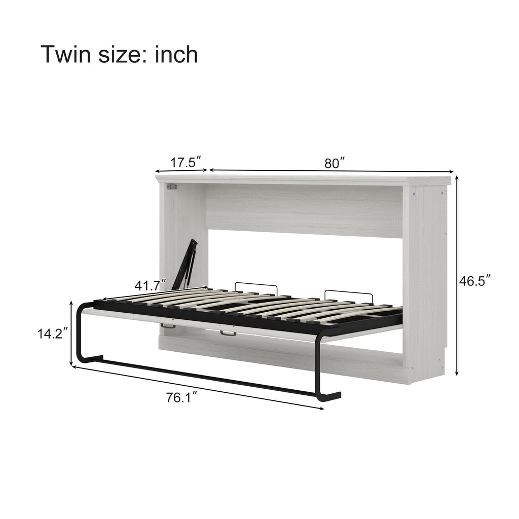 Twin Size Horizontal Murphy Bed With Dual Piston System, Space Saving Wall Bed Folds Into Cabinet - Rustic White