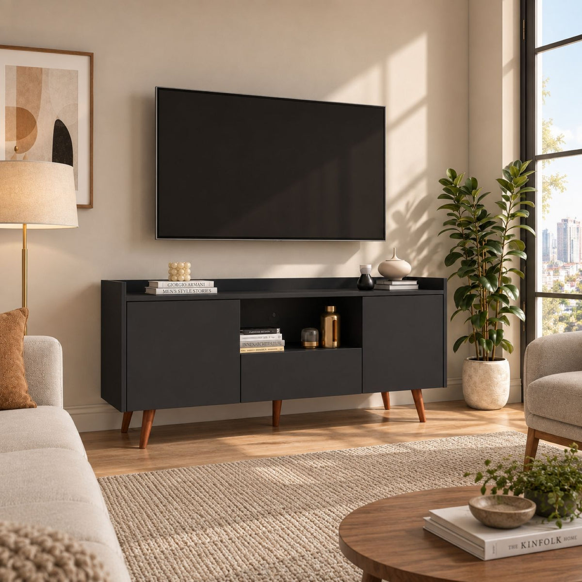 TV Stand For TVs Up To 60" With Open Storage Shelf, 2 Doors, 1 Drawer And Cable Management