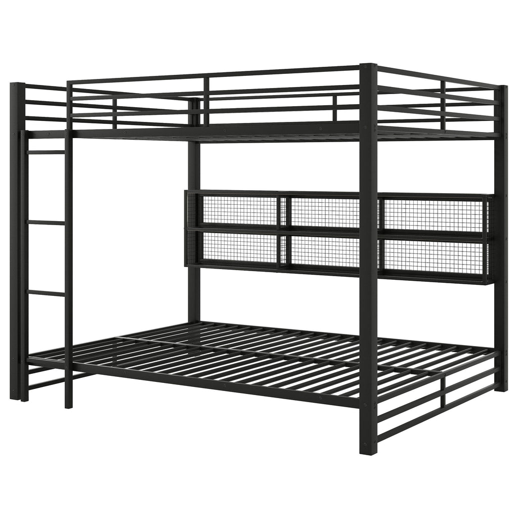 Queen Over Queen Bunk Bed With Storage Cabinets And LED Sturdy Frame, 6 Storage Units, Adjustable LED Lights - Black