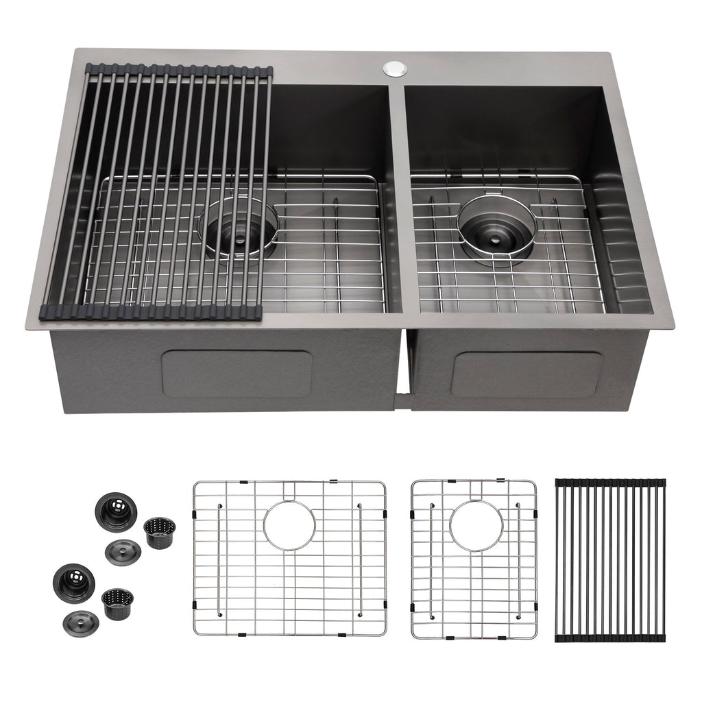 Double Bowl Drop In Sink With 2 - 9" Deep Basins - Gunmetal Black
