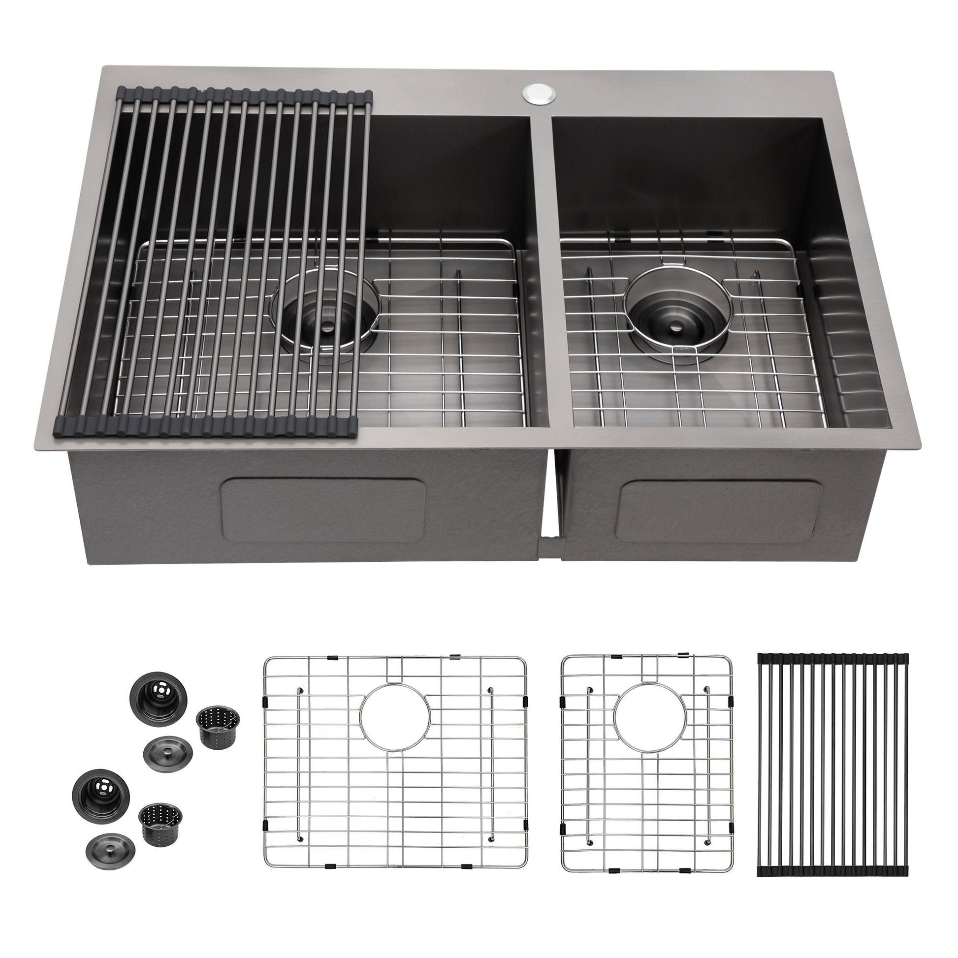 Double Bowl Drop In Sink With 2 - 9" Deep Basins - Gunmetal Black