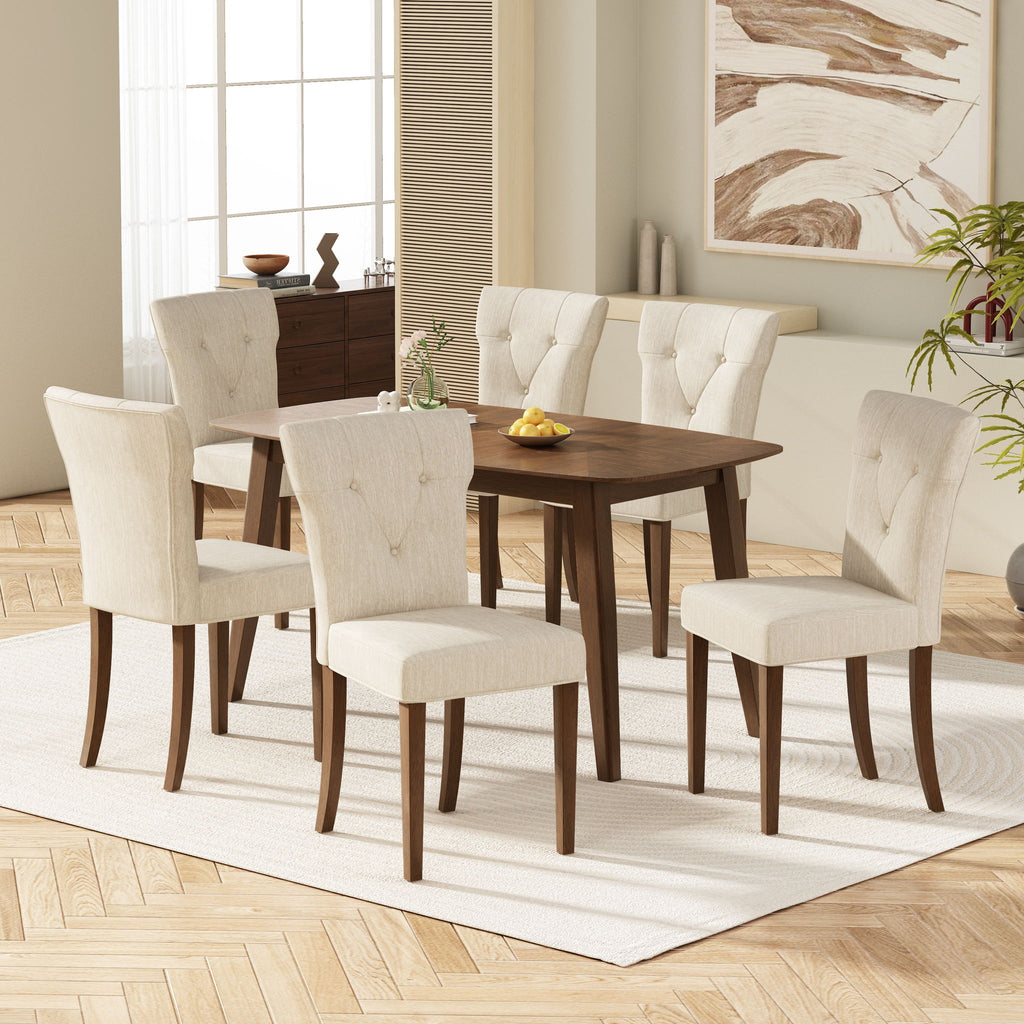 Modern Indoor Wood Dining Set With Chairs And Table, Rubber Wood, 6 Piece - Cream / Walnut