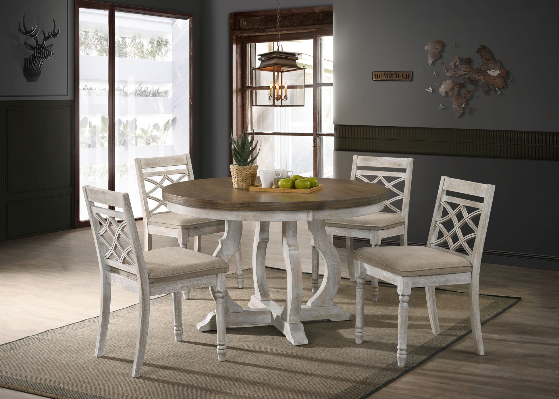 Havanna - 5 Piece Wide Round Dining Table With Off White Chairs (Set of 5) - Vintage Walnut