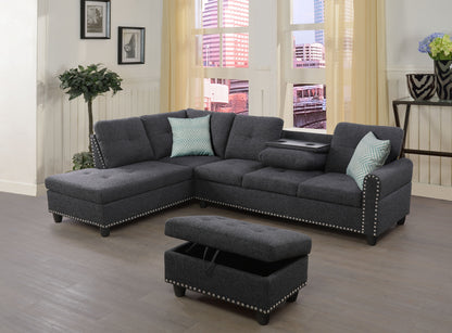 Alger - 98" Wide Left Hand Facing Sofa & Chaise With Ottoman - Charcoal Grey