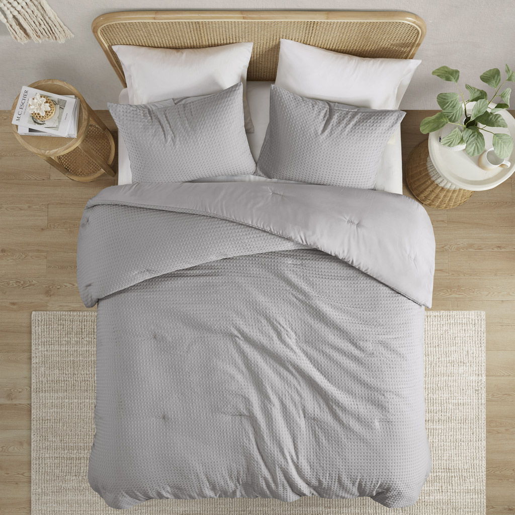 Mina - Full/Queen Waffle Weave Textured Duvet Cover Set - Light Gray