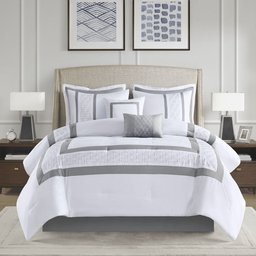 Powell - California King Embroidered Comforter (Set of 8) - White