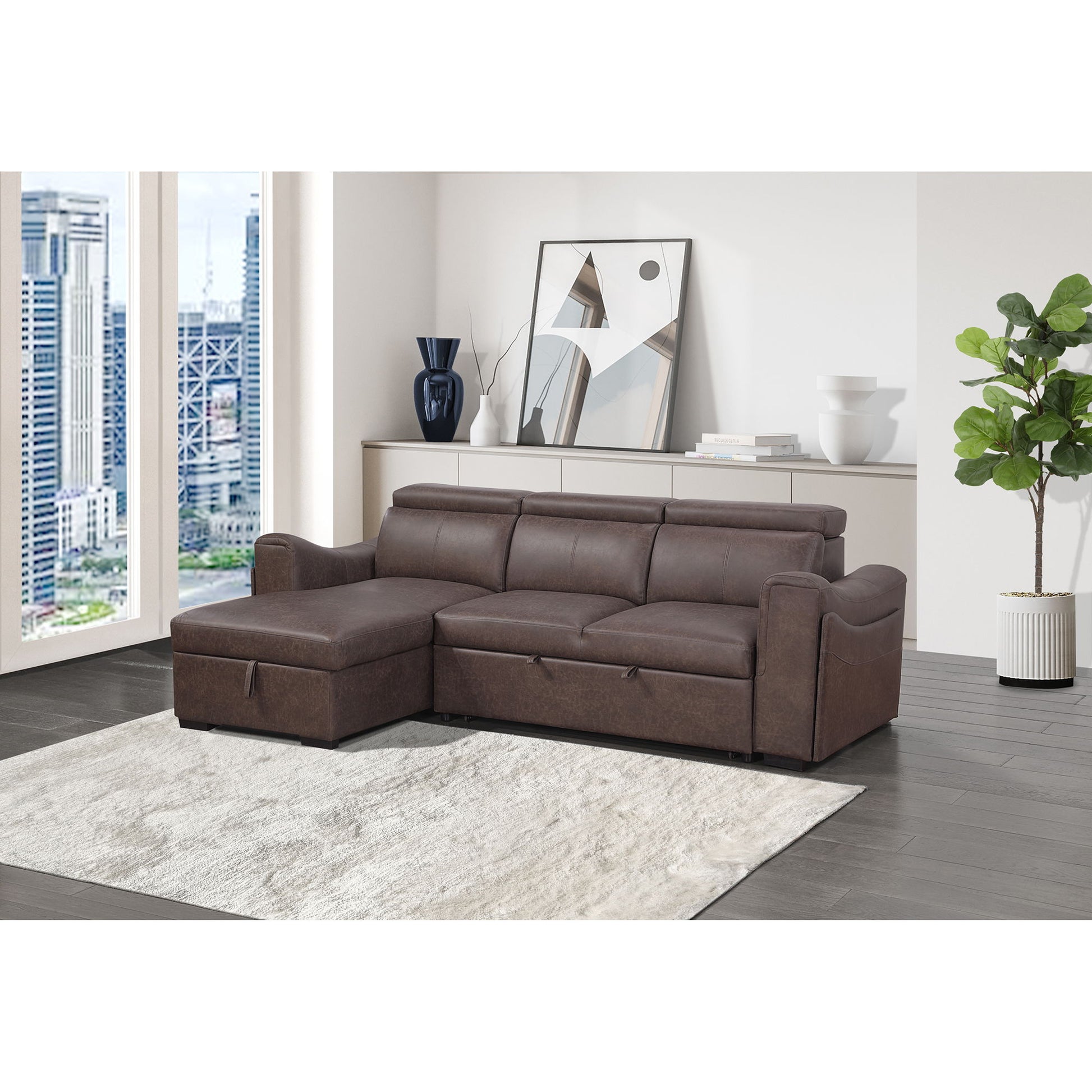 Bruno - Pull Out Complete Sofa Bed With Storage Chaise - Brown