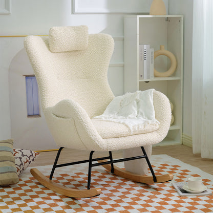 Rocking Chair Nursery, Teddy Upholstered Rocker Glider Chair With High Backrest, Adjustable Headrest & Pocket, Comfy Glider Chair For Nursery, Bedroom, Living Room, Offices, Rubber Wood