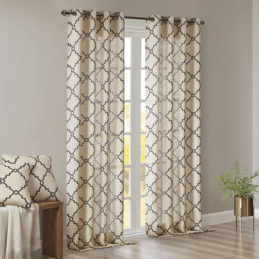 Saratoga - 108" Fretwork Print Grommet Top Window Curtain - Khaki